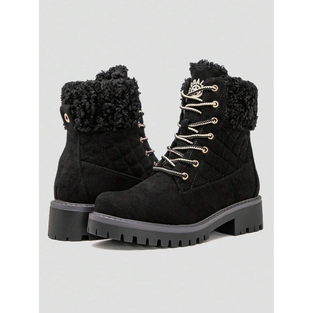 7.5 Women Black Faux Suede Sherpa Lined Quilted Combat Boots